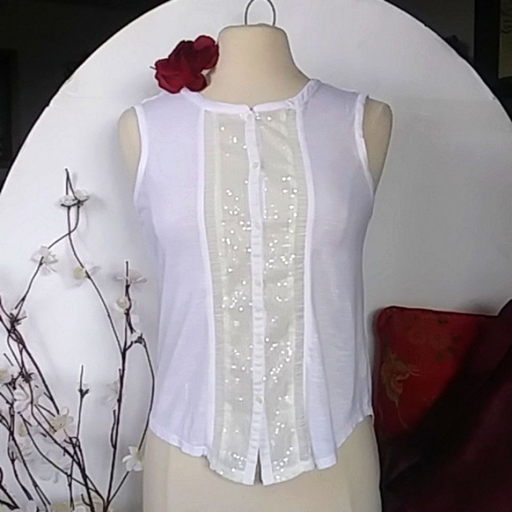 American Eagle Sequin Button Down Sleeveless Blouse w/ Sheer Ruching Siz…